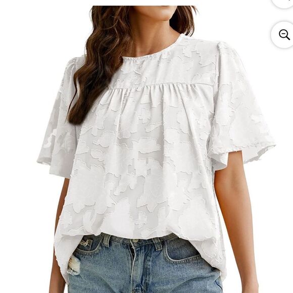 Womens 3 4 Bell Sleeve Blouse Summer Crewneck Lace Floral Textured Babydoll - Picture 3 of 11